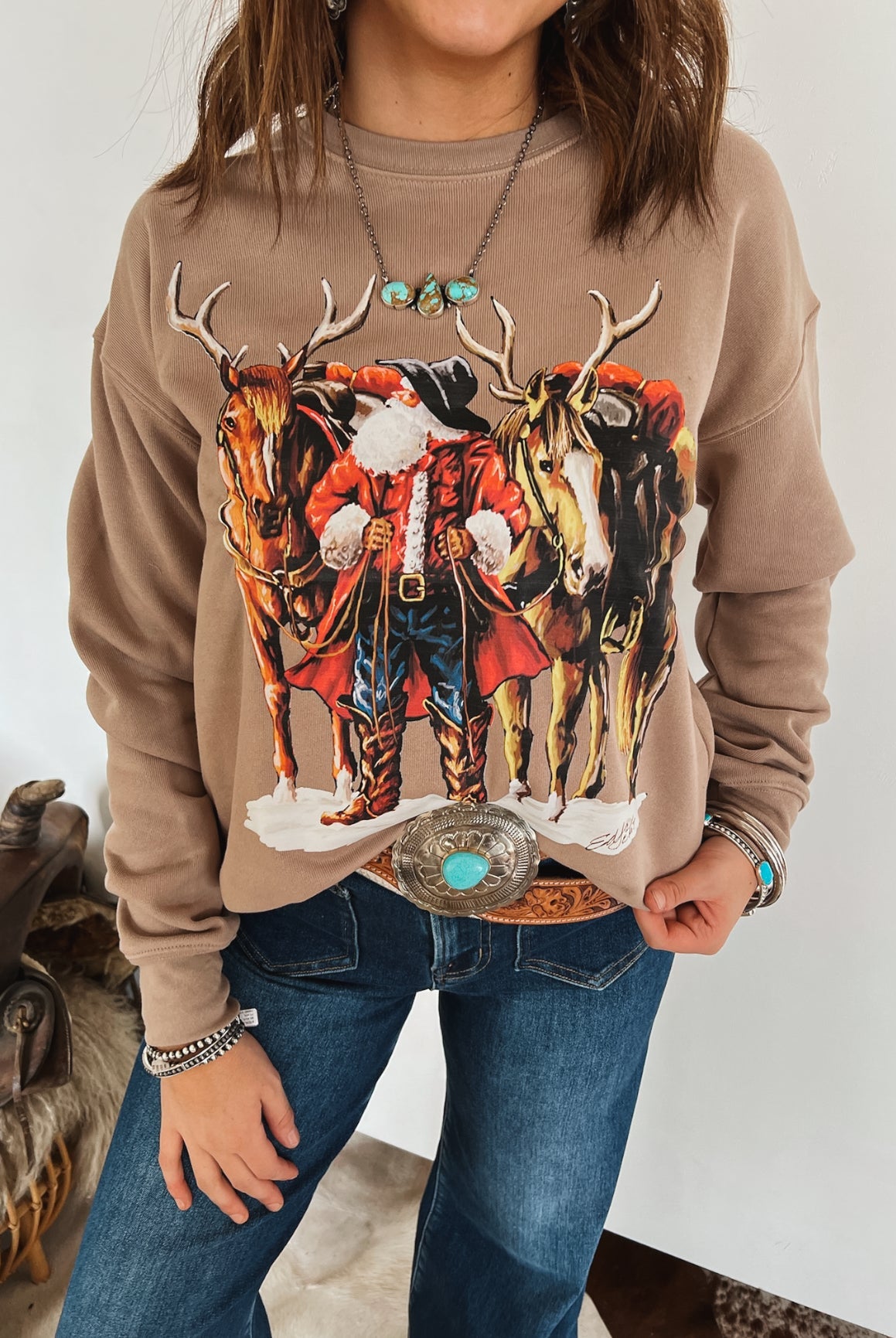 Cowboy Santa & His Reindeer Horses Sweatshirt or Tee (Tan)
