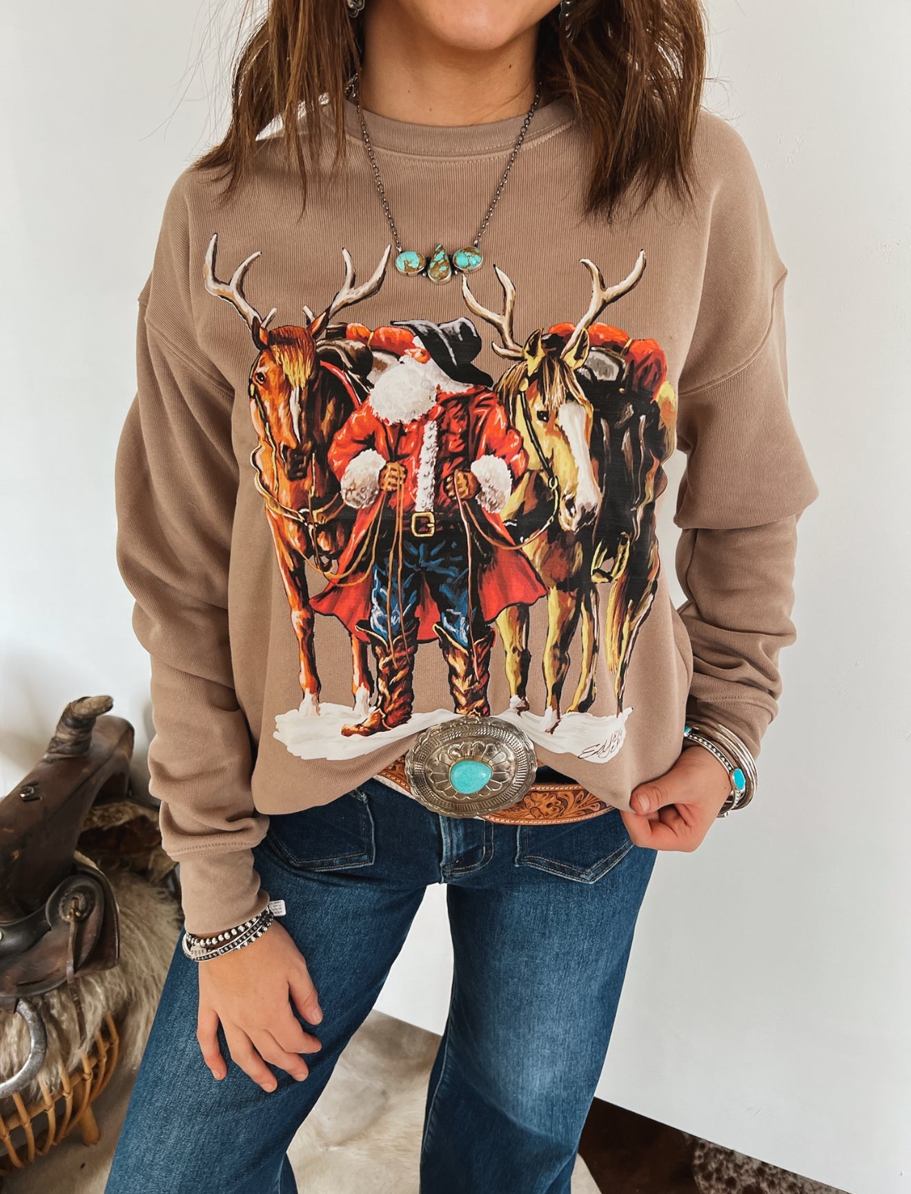 Cowboy Santa & His Reindeer Horses Sweatshirt or Tee (Tan)