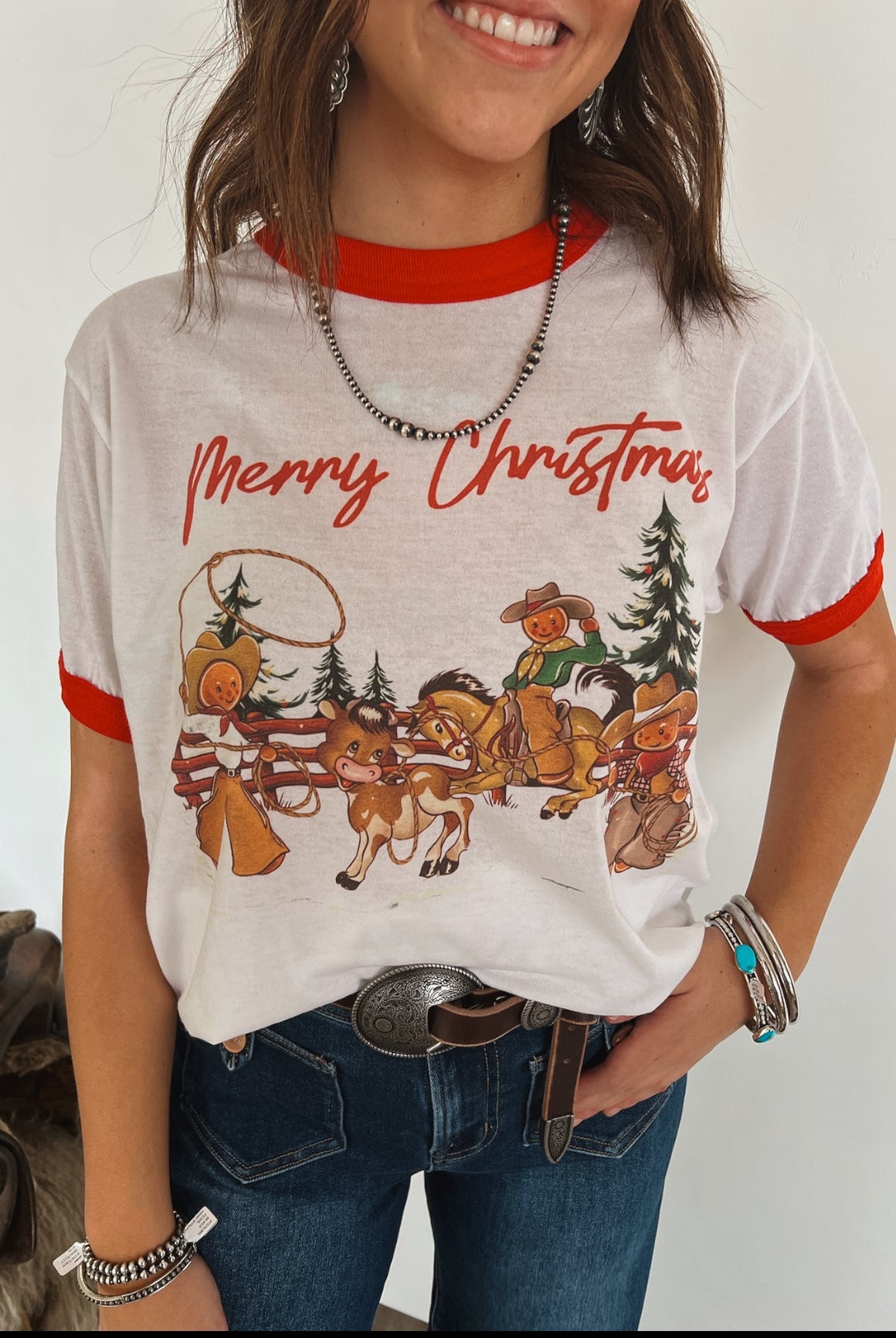 Western Gingerbread Merry Christmas Ringer Tee(Red)