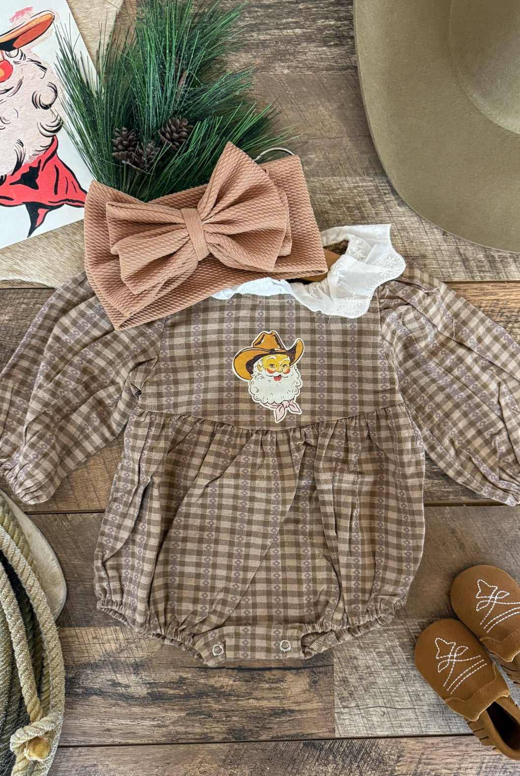Mocha Plaid Pink Santa Flannel Romper