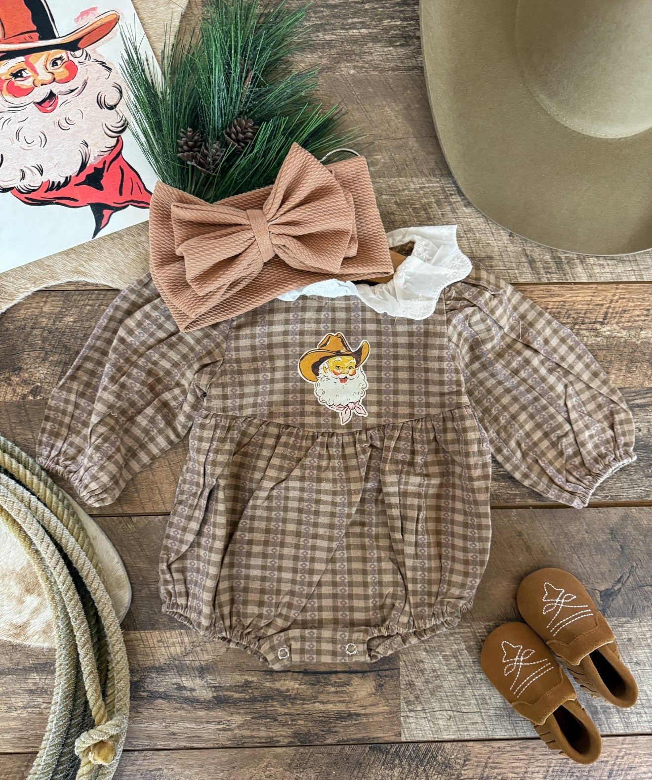 Mocha Plaid Pink Santa Flannel Romper