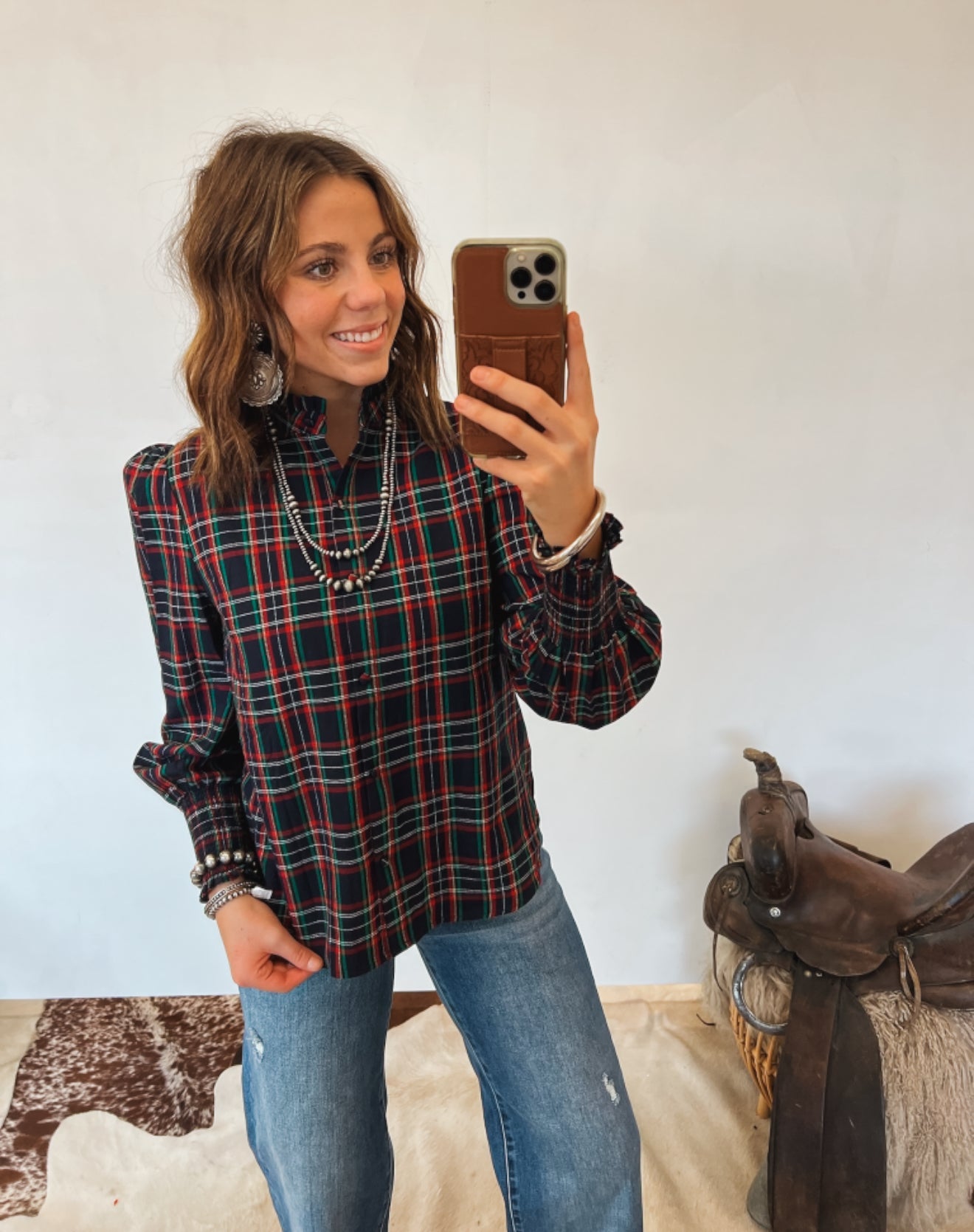 Blue Christmas Plaid Ruffle Button Down