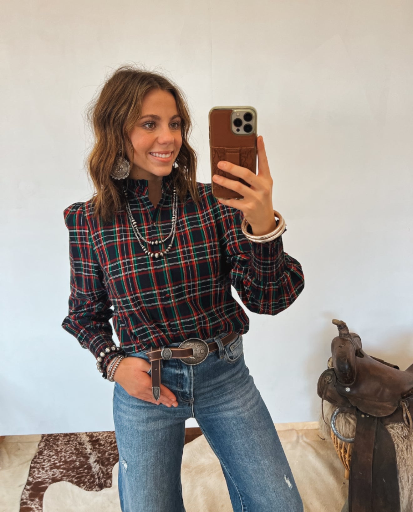 Blue Christmas Plaid Ruffle Button Down