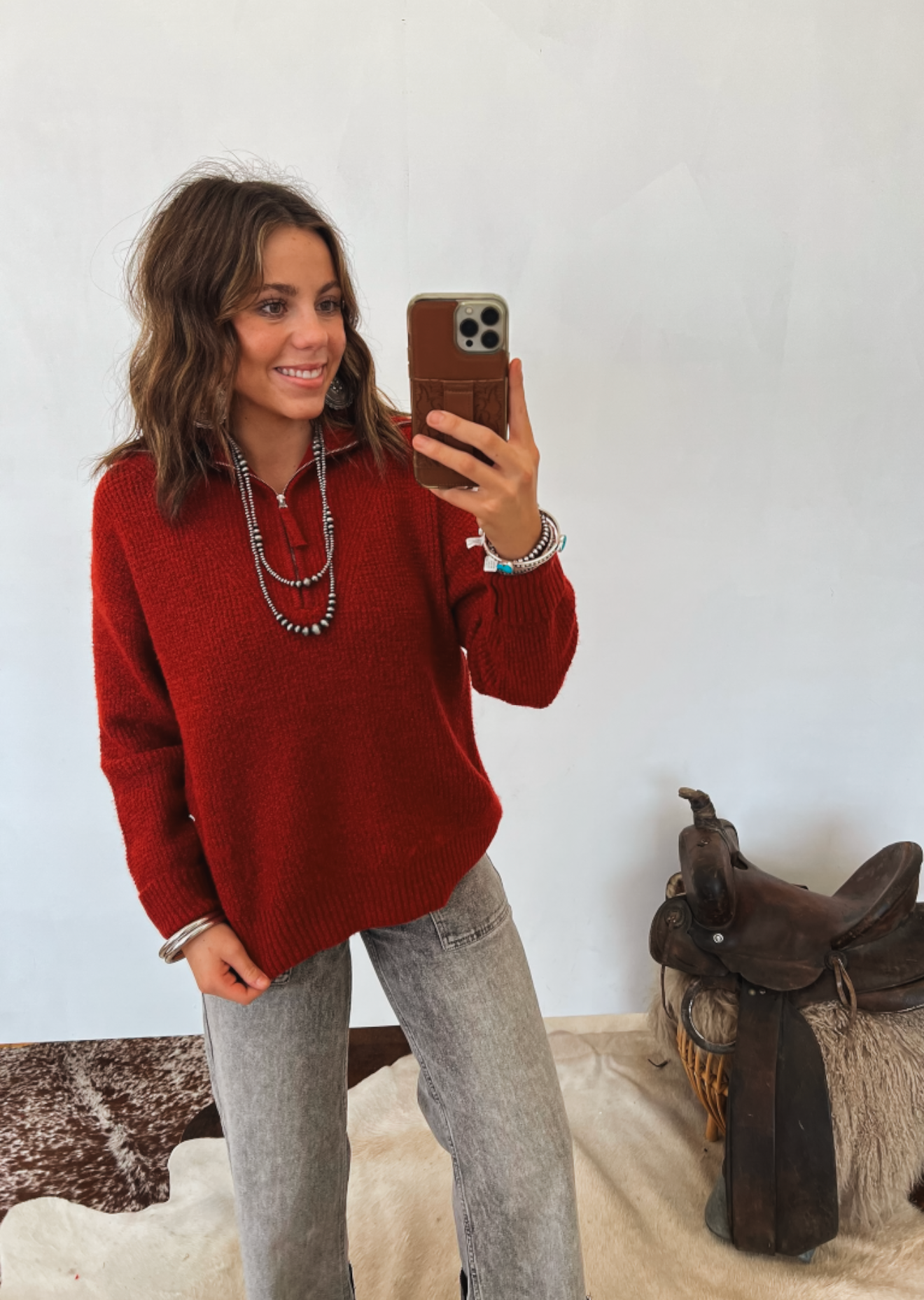 Half Zip Pullover Sweater(Ruby) Tops - Outwear