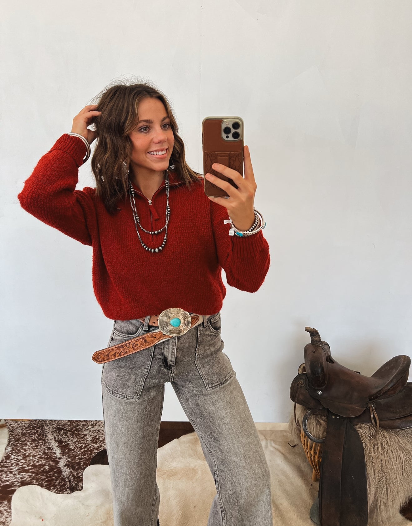 Half Zip Pullover Sweater(Ruby) Tops - Outwear