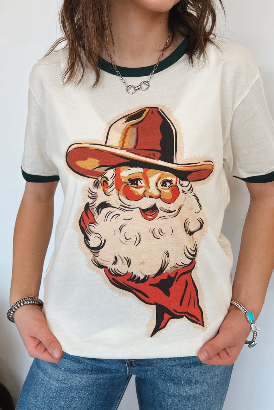 Cowboy Santa Ringer Tee (Cream/Green)