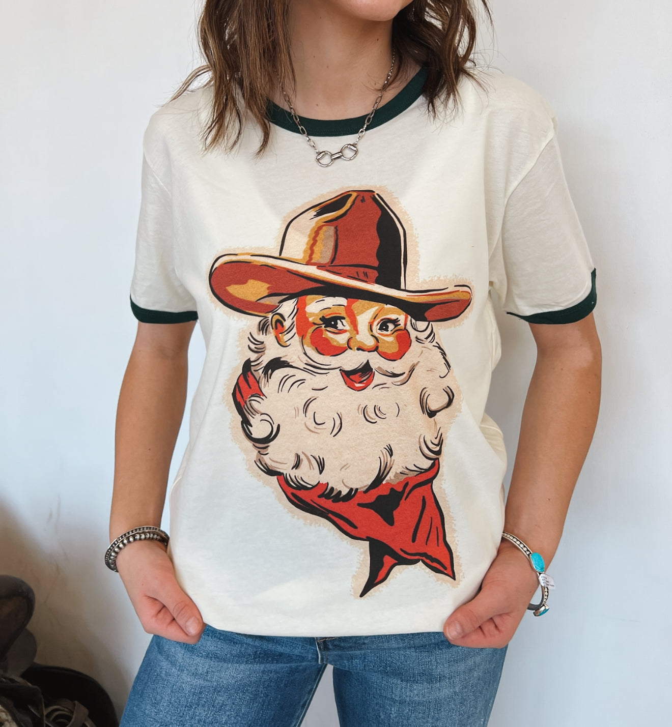 Cowboy Santa Ringer Tee (Cream/Green)