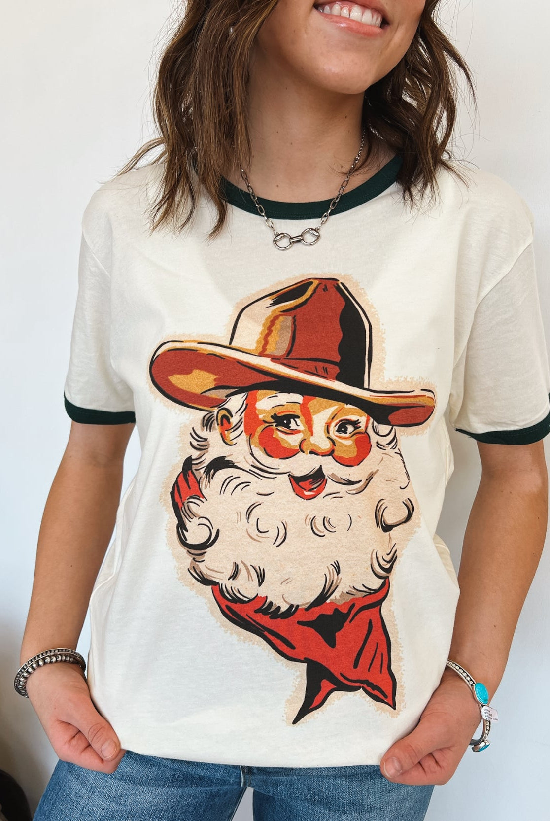 Cowboy Santa Ringer Tee (Cream/Green)
