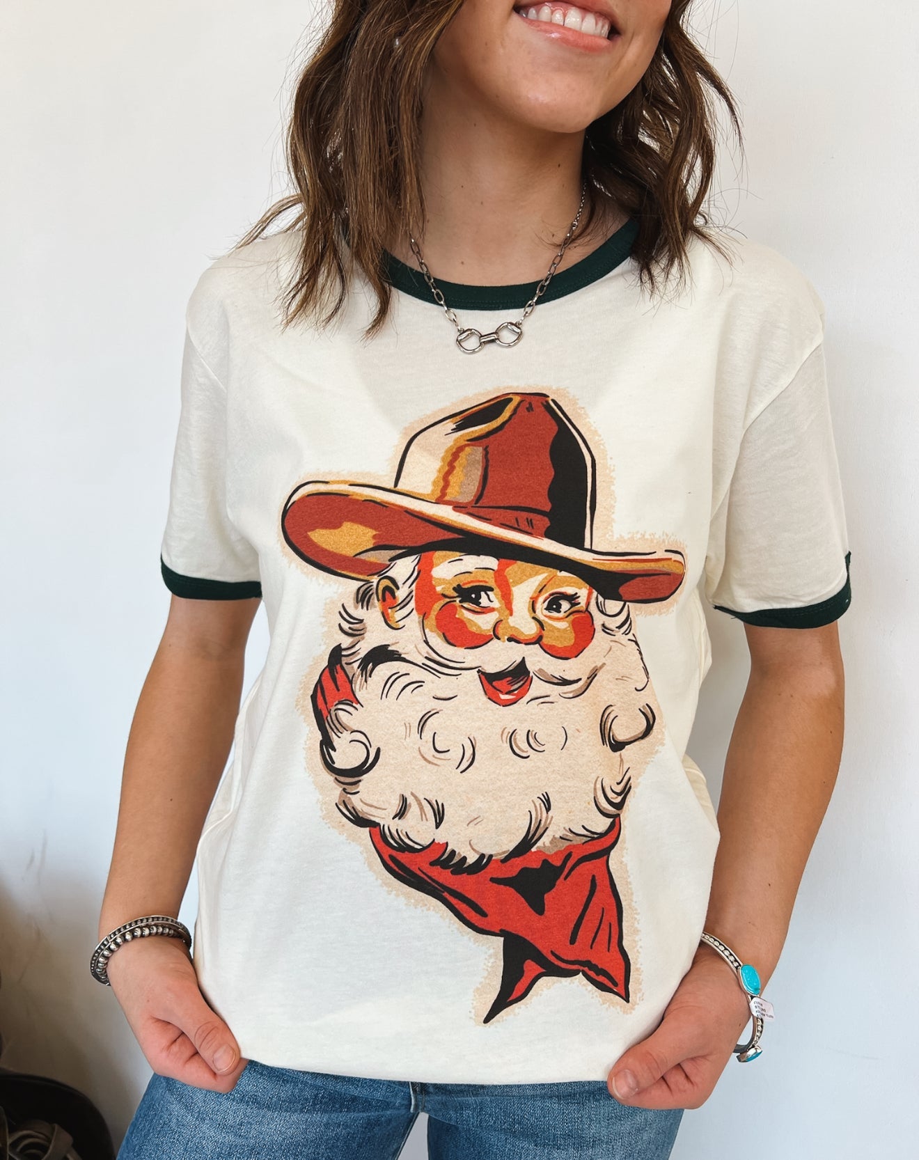 Cowboy Santa Ringer Tee (Cream/Green)