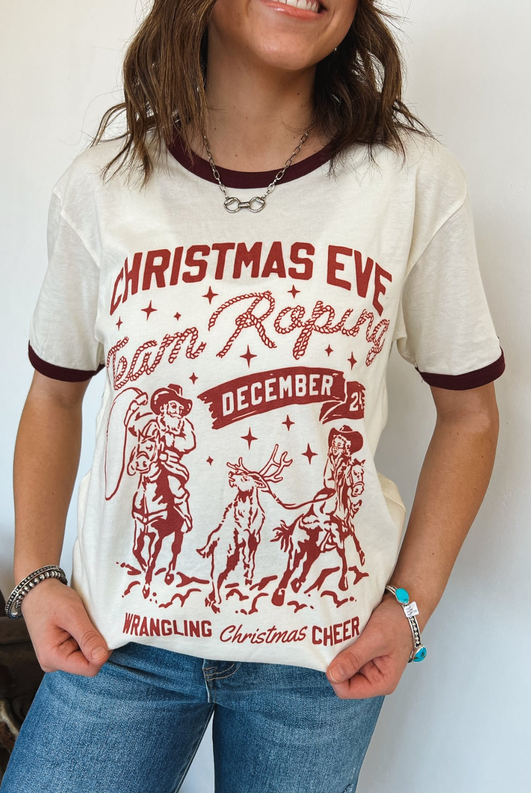 Christmas Eve Team Roping Ringer Tee (Cream/Burgundy)