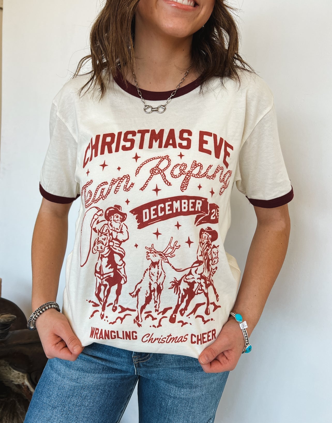 Christmas Eve Team Roping Ringer Tee (Cream/Burgundy)