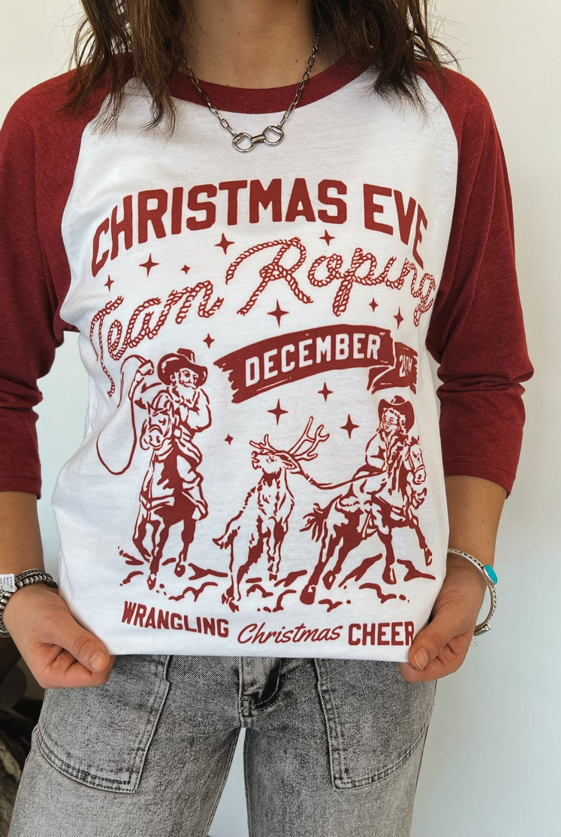 Christmas Eve Team Roping Raglan Tee (Red/White)