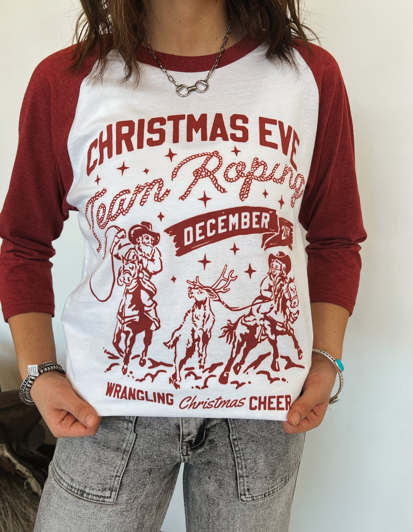 Christmas Eve Team Roping Raglan Tee (Red/White)