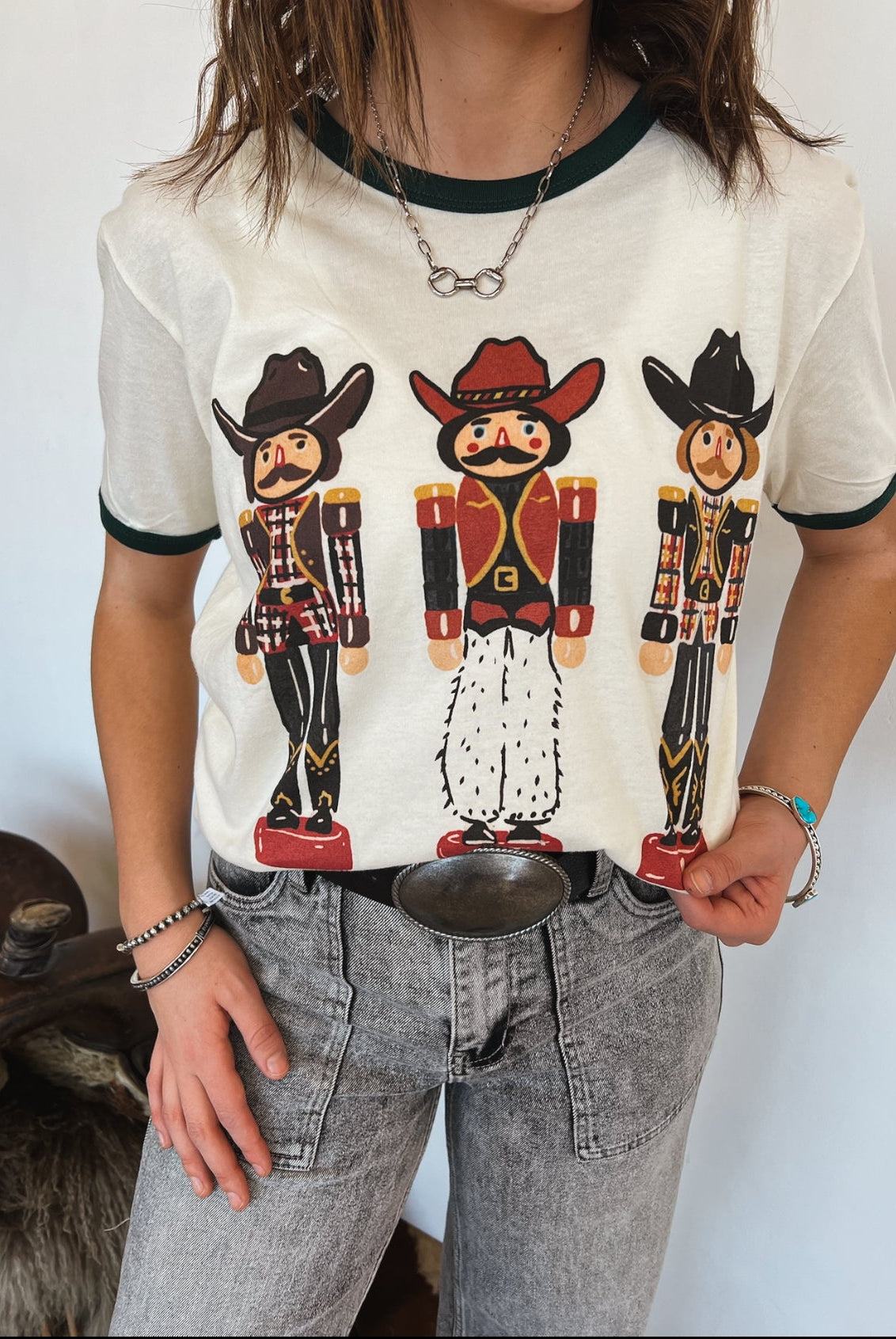 Western Nutcracker Ringer Tee (Cream/Green)