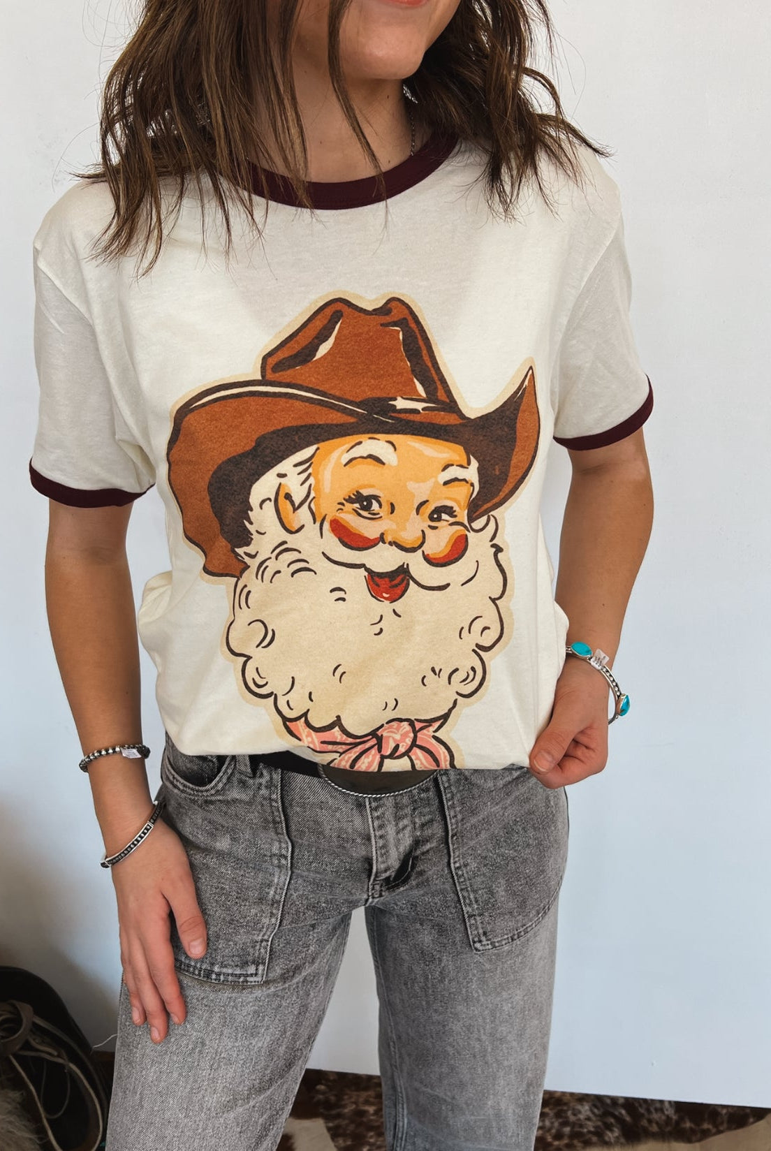 Cowboy Santa Vintage Ringer Tee (Cream/Burgundy)