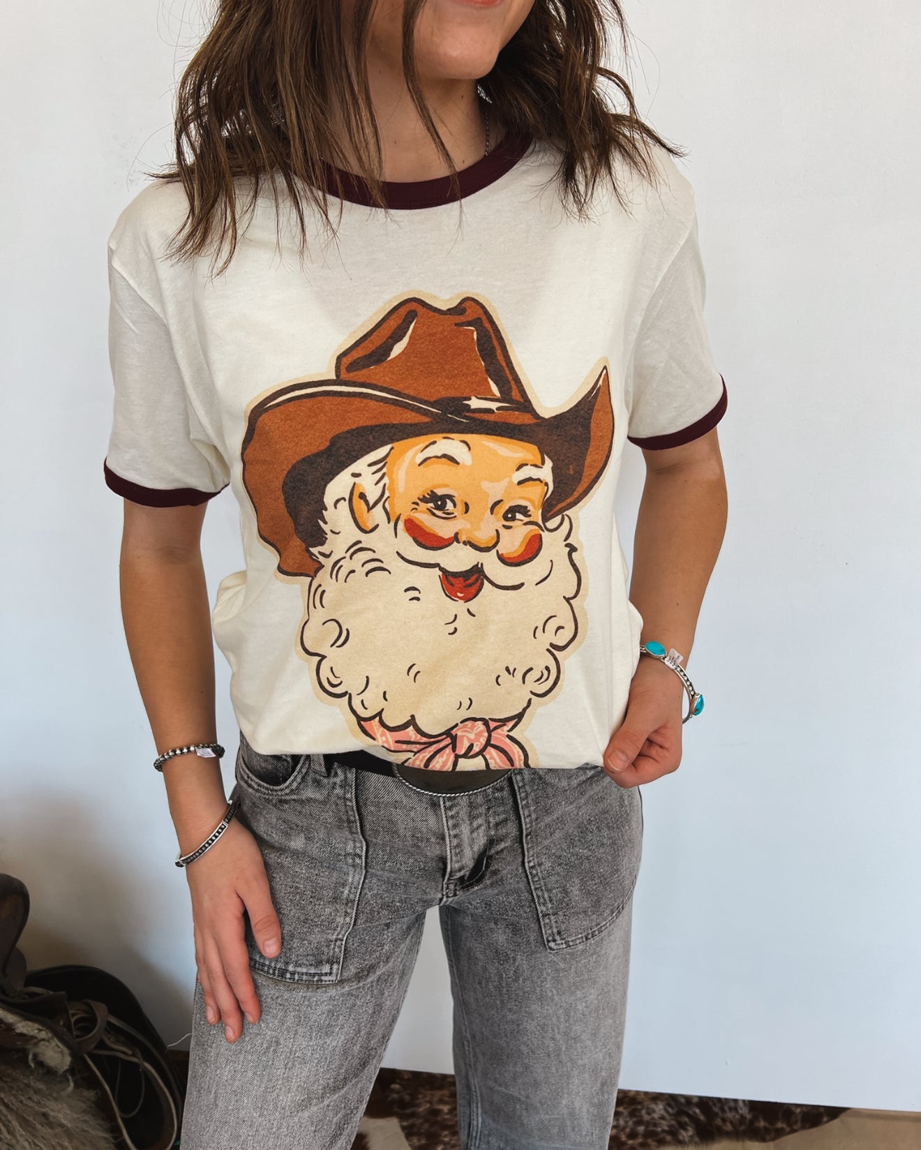 Cowboy Santa Vintage Ringer Tee (Cream/Burgundy)