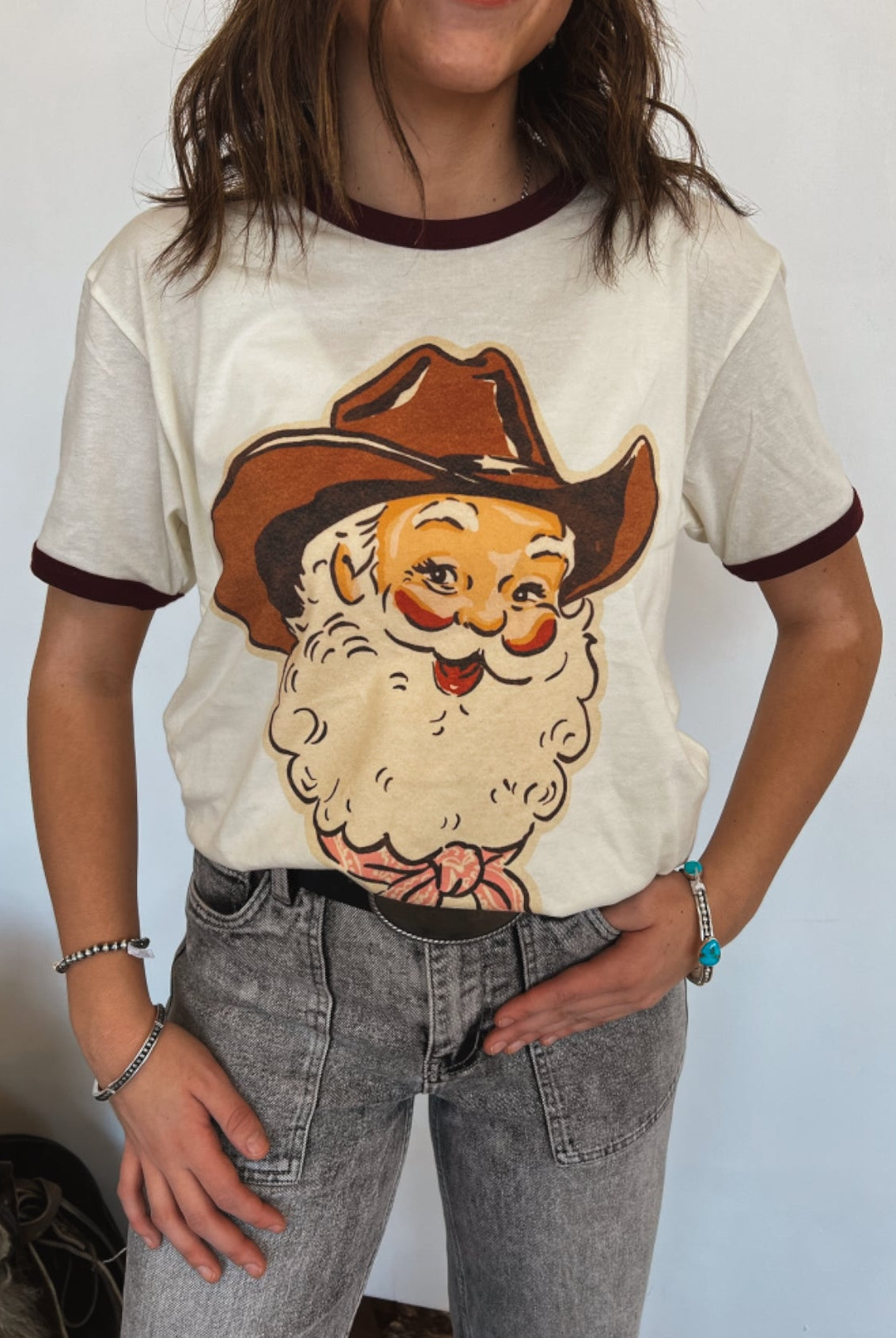 Cowboy Santa Vintage Ringer Tee (Cream/Burgundy)