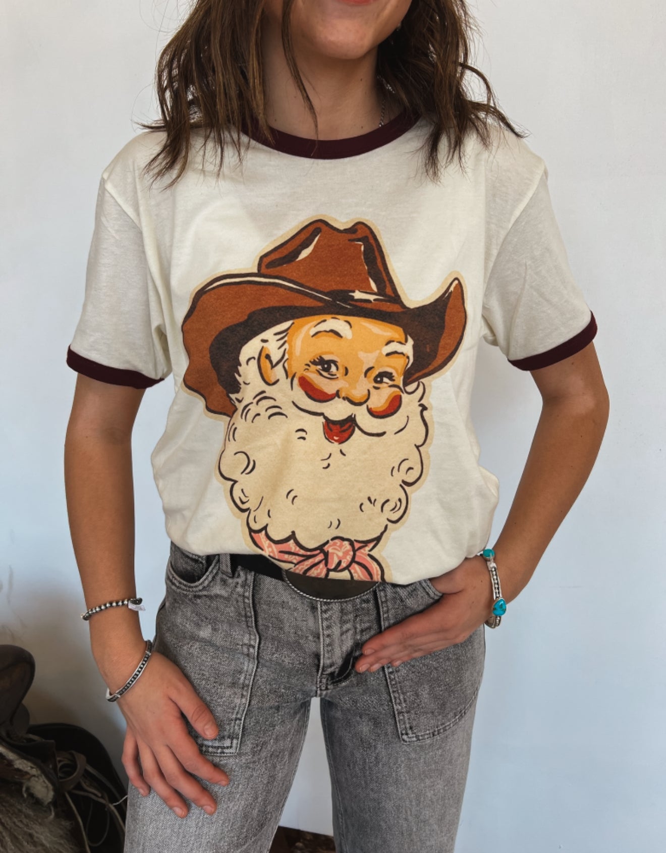 Cowboy Santa Vintage Ringer Tee (Cream/Burgundy)