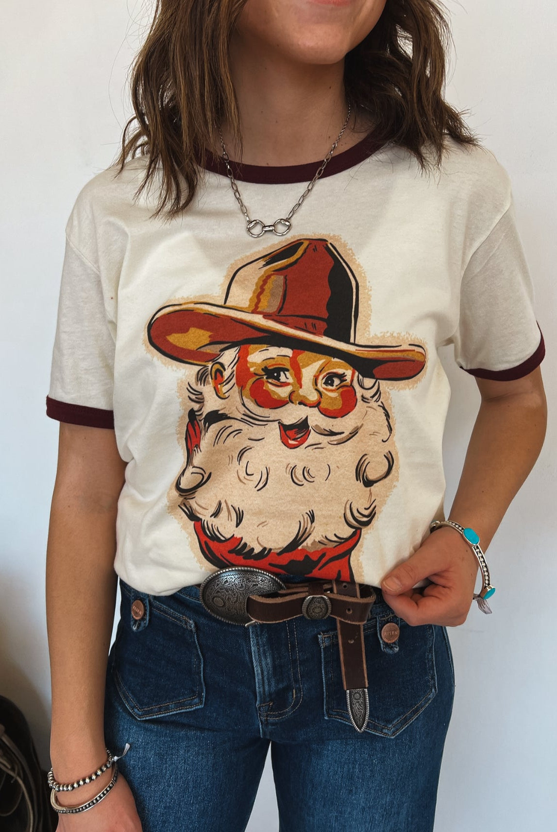 Cowboy Santa Ringer Tee (Cream/Burgundy)