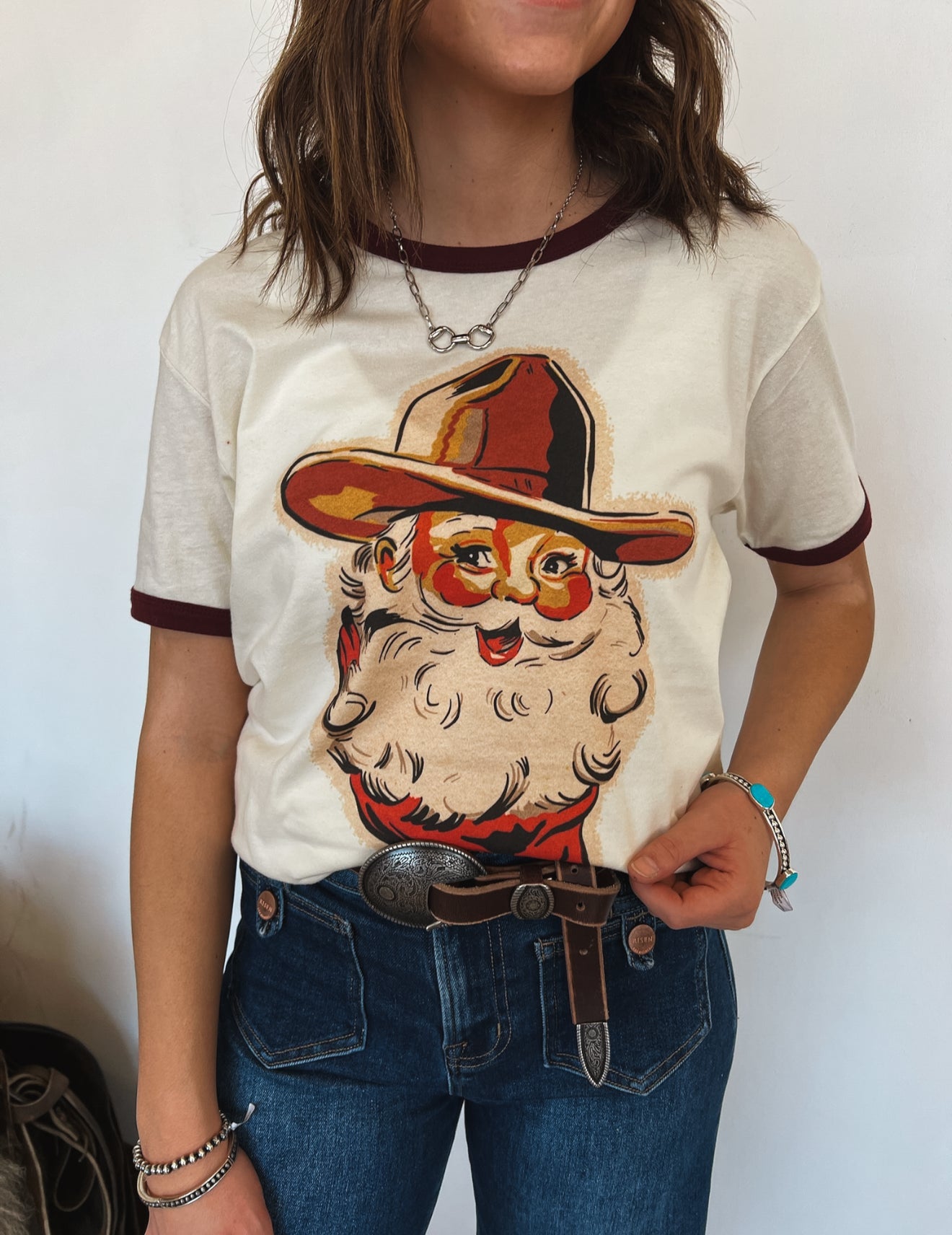 Cowboy Santa Ringer Tee (Cream/Burgundy)