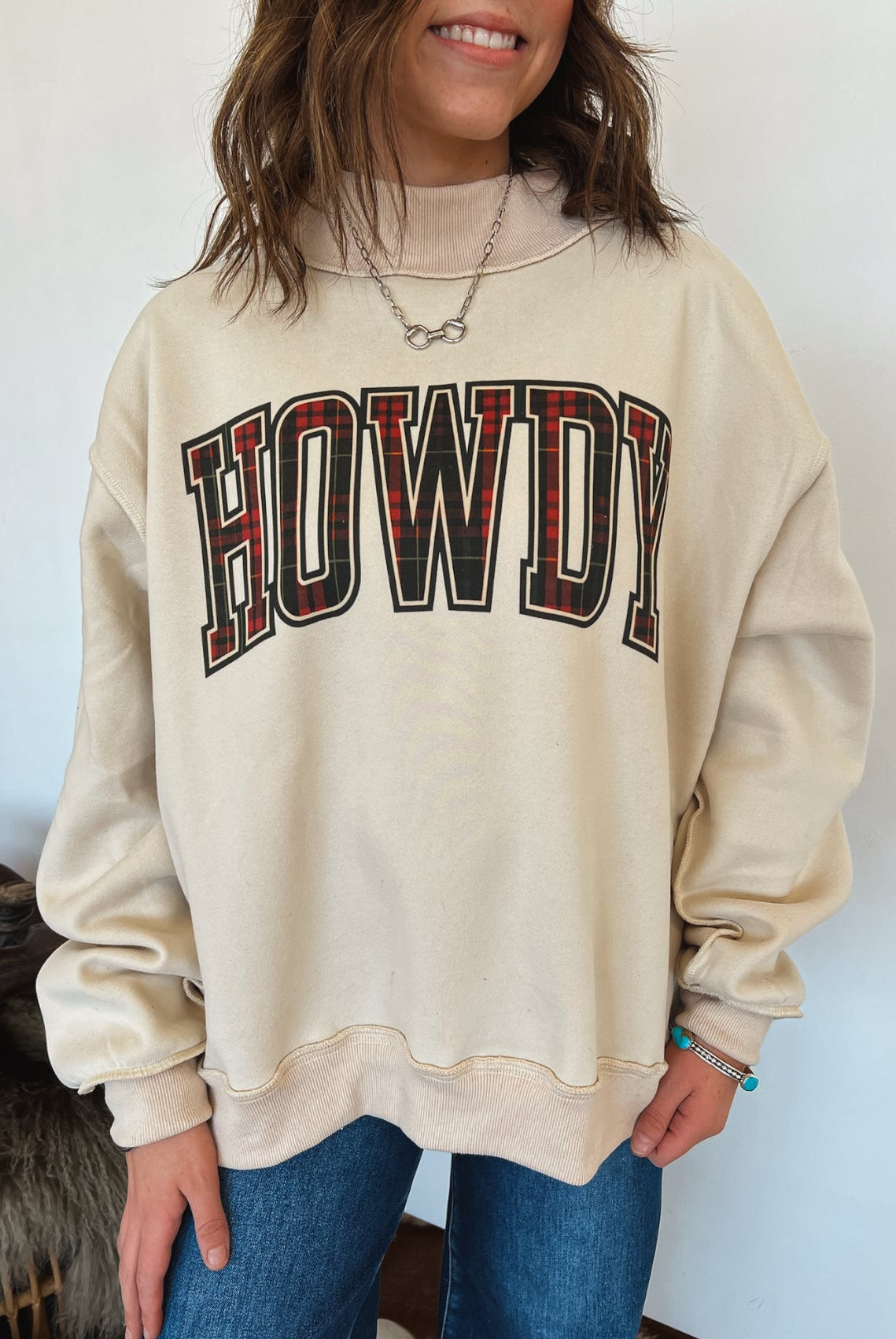 Plaid HOWDY Mock Neck Sweatshirt (Cream)