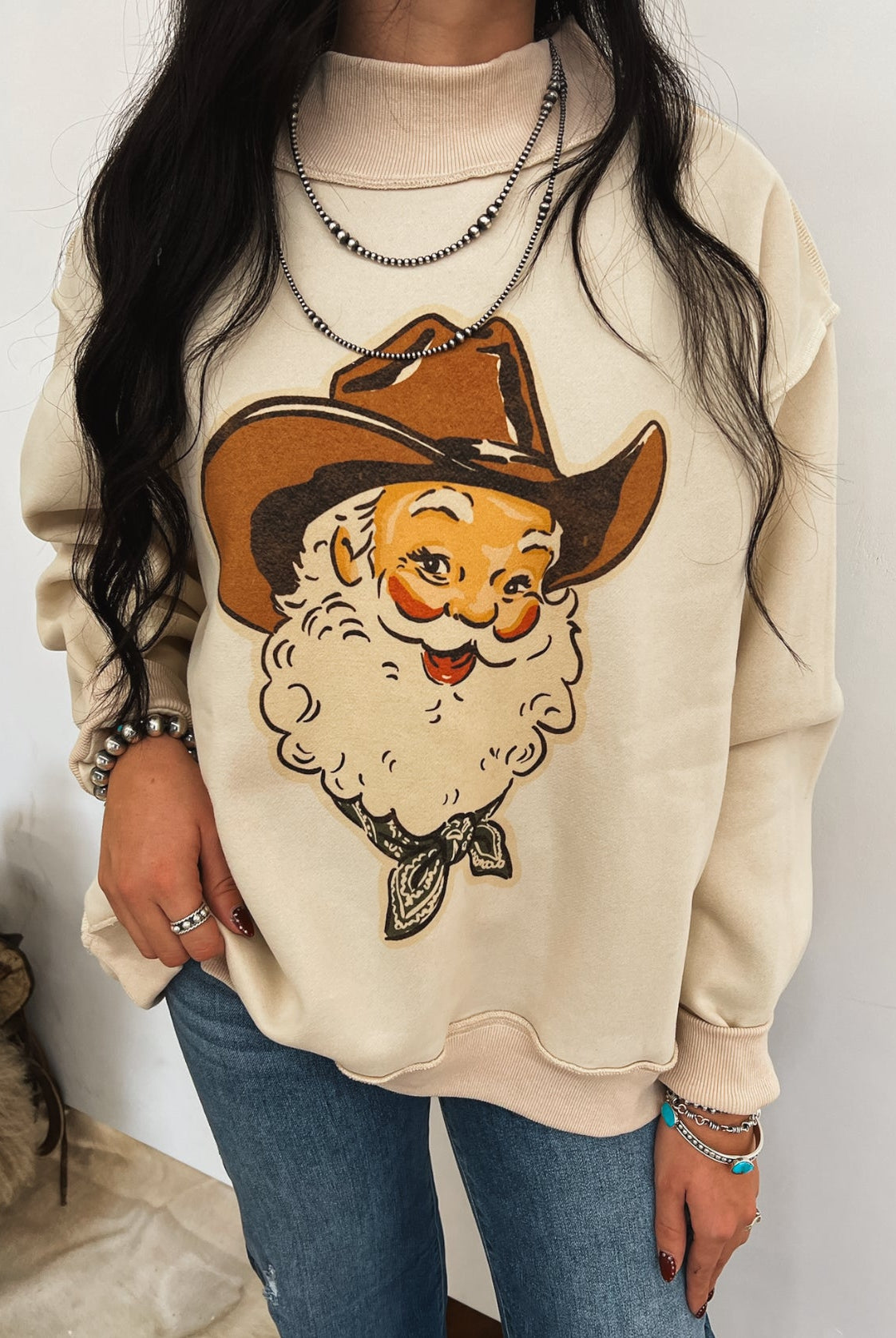Cowboy Santa Vintage Oversized Mock Neck (Cream)
