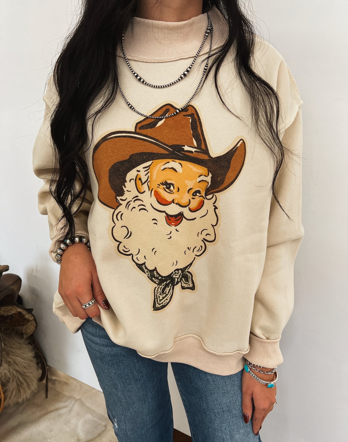 Cowboy Santa Vintage Oversized Mock Neck (Cream)