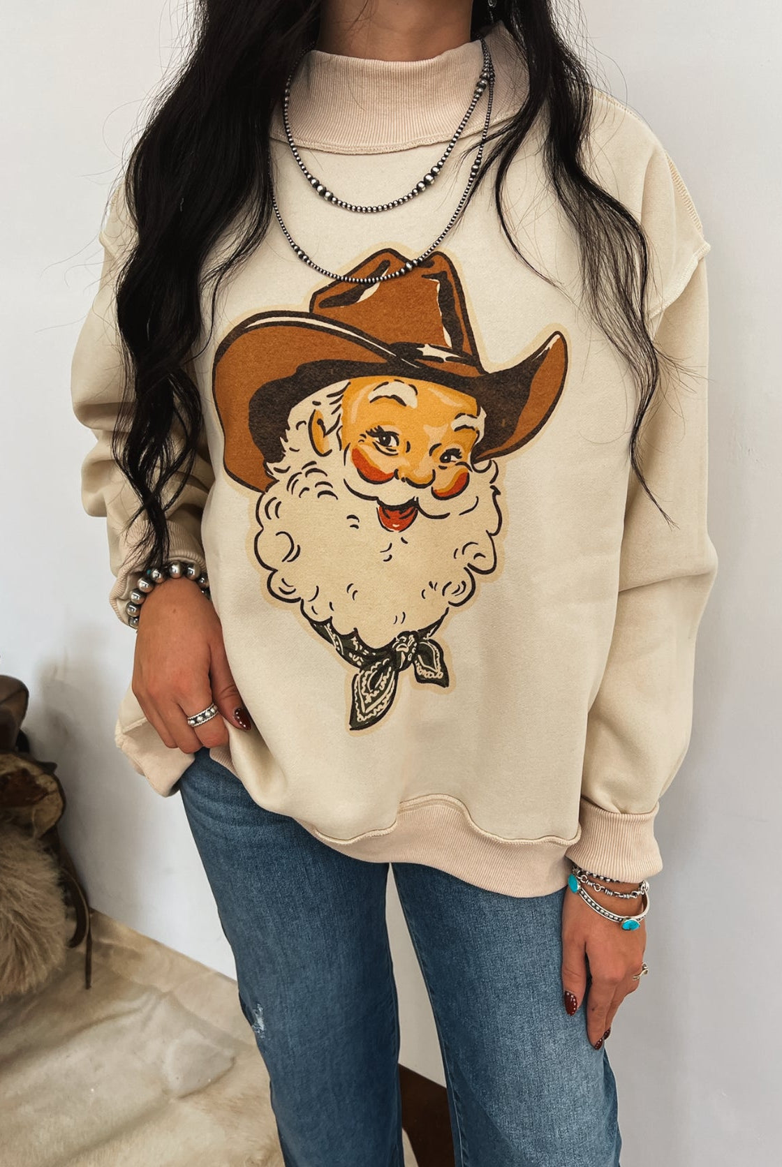 Cowboy Santa Vintage Oversized Mock Neck (Cream)
