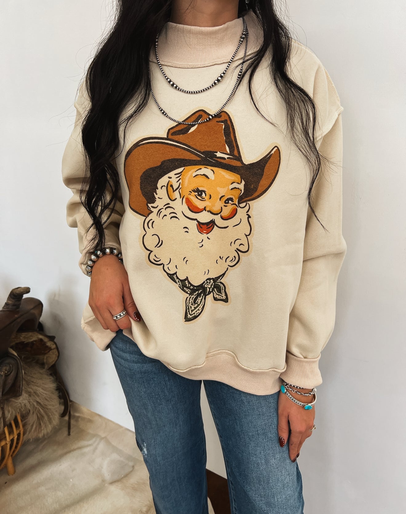 Cowboy Santa Vintage Oversized Mock Neck (Cream)