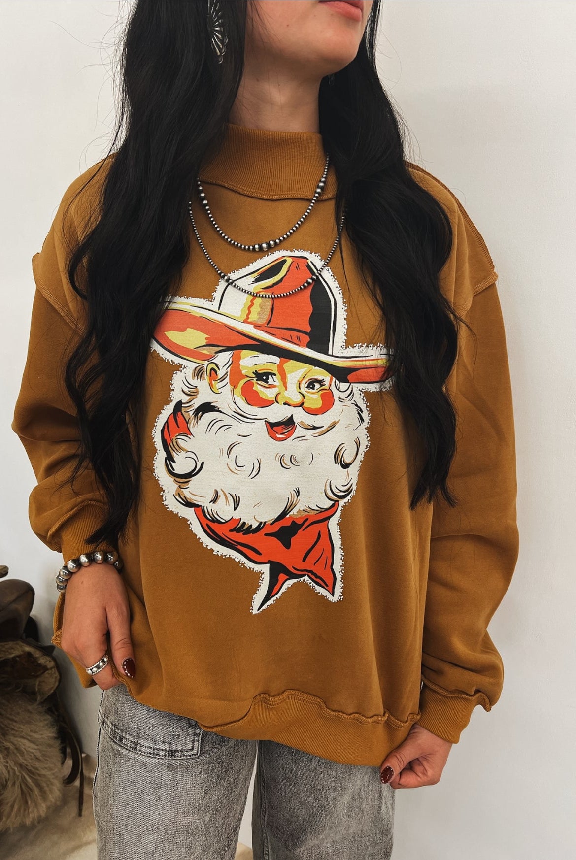 Cowboy Santa Mock Neck Sweatshirt (Brown)