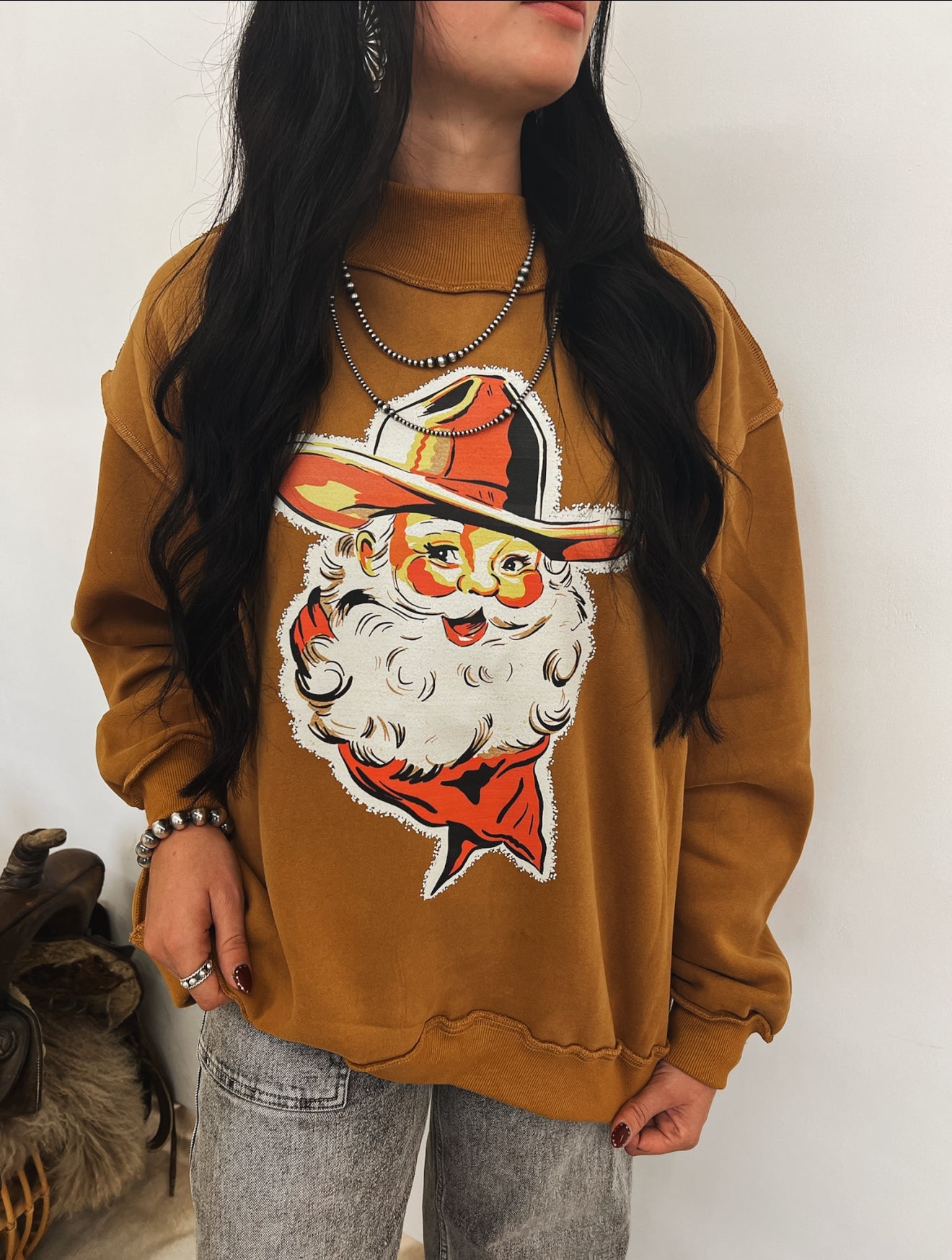 Cowboy Santa Mock Neck Sweatshirt (Brown)