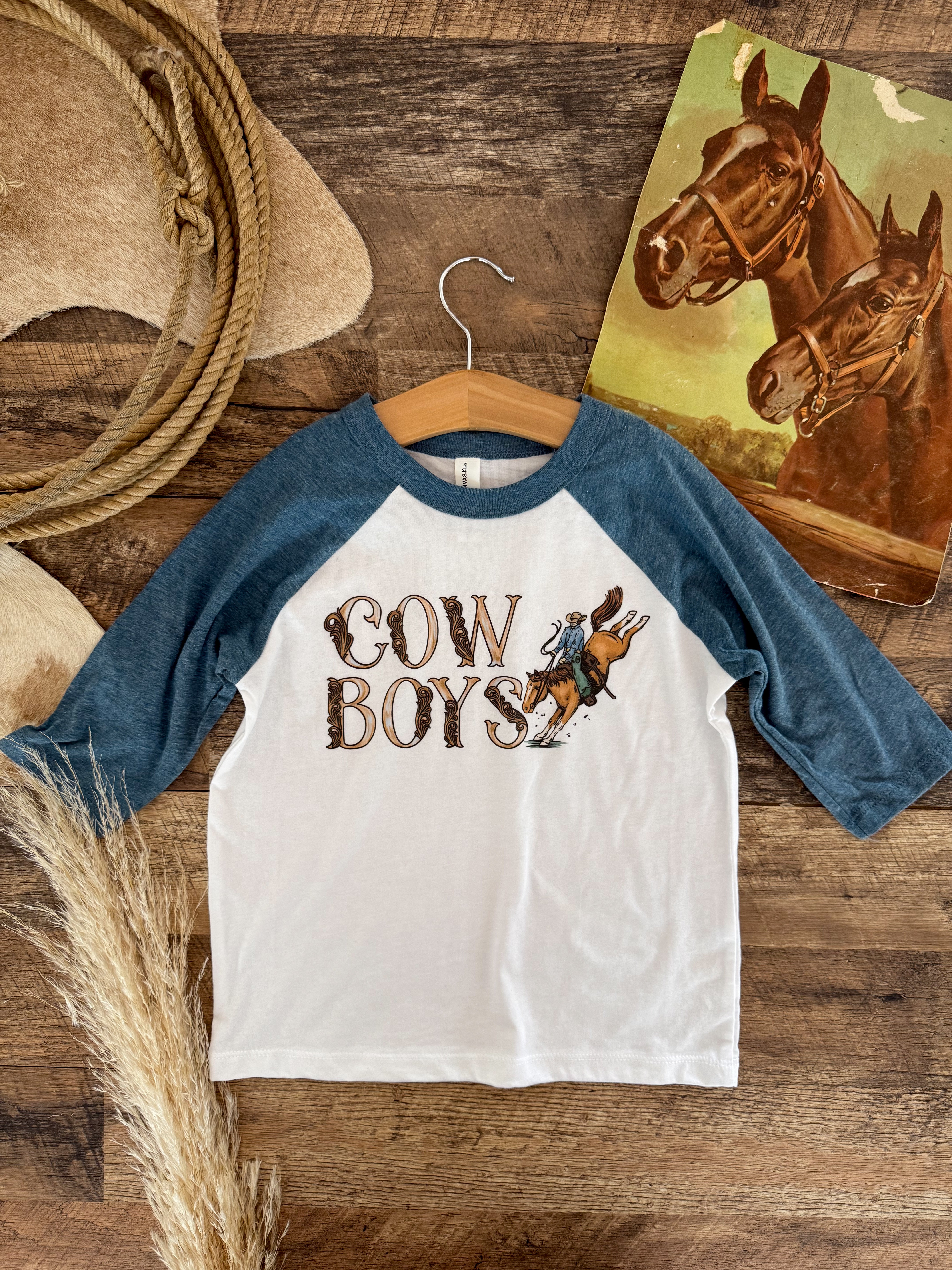 Cow Boys -Western Graphic Baseball Tee (Toddler)(White/Blue)
