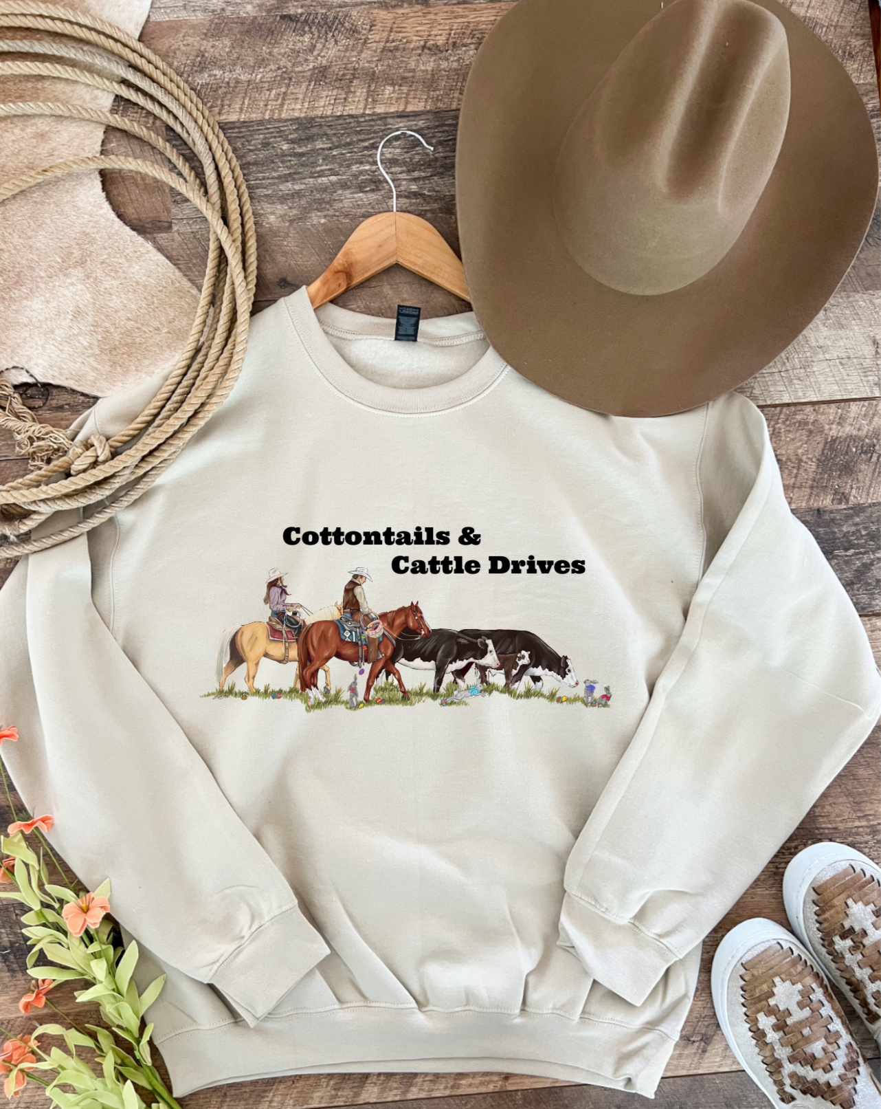 Cottontails & Cattle Drives Easter Design Tee Or Sweatshirt - No Words (Cream) - Adult