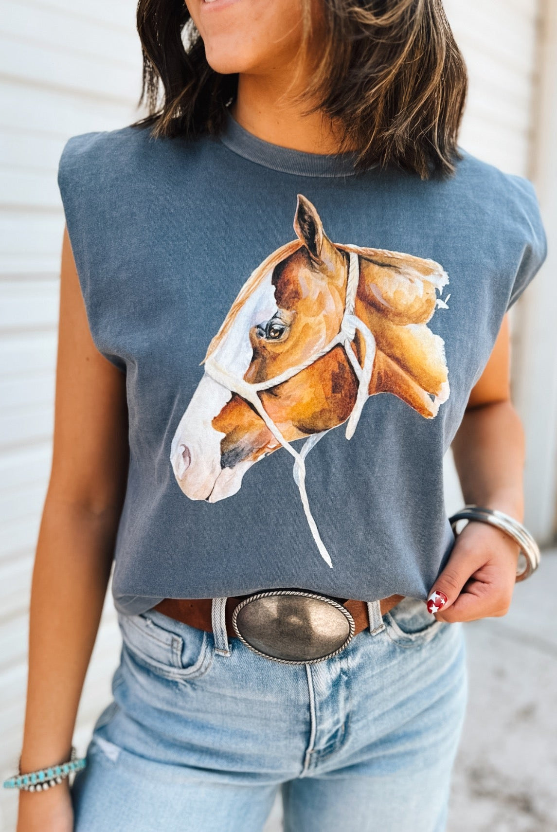 Ol’ Paint Cropped Muscle Tank – Faded Navy