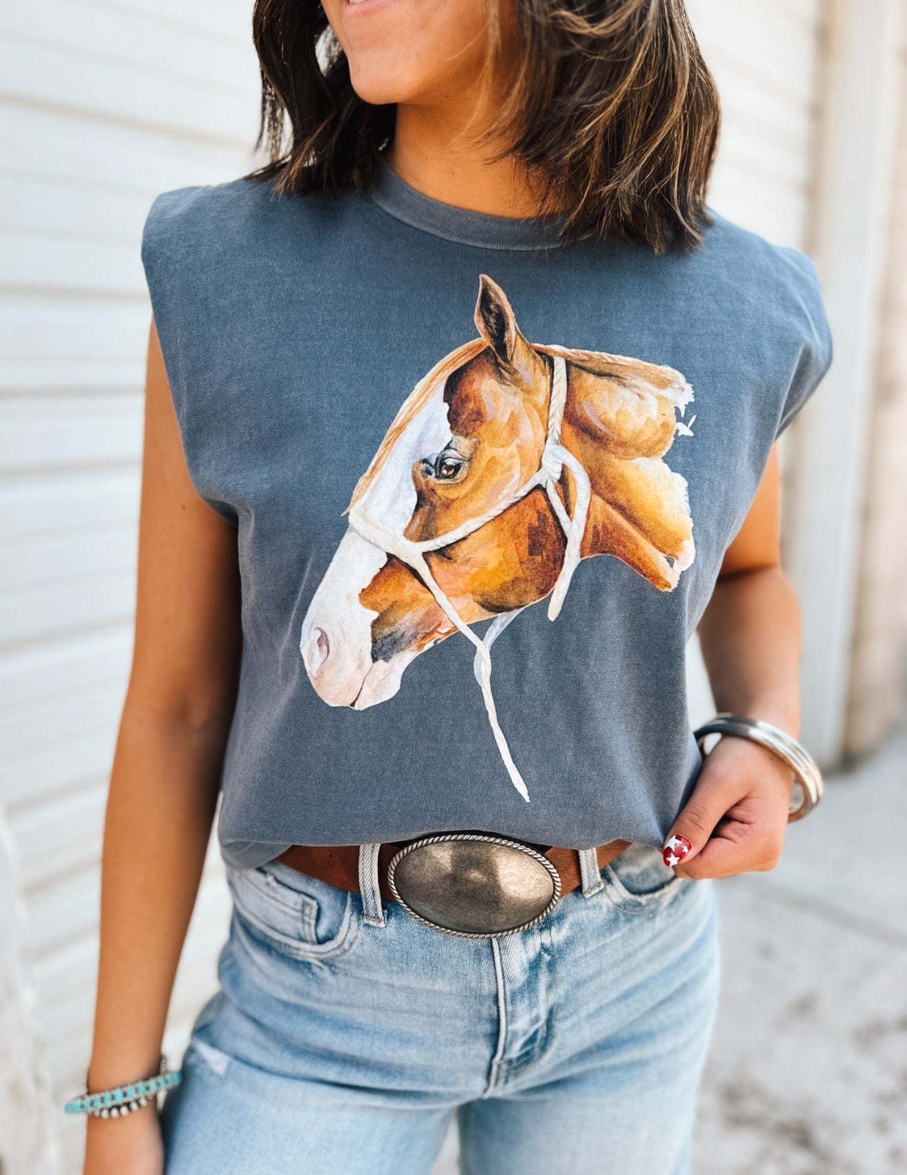 Ol’ Paint Cropped Muscle Tank – Faded Navy