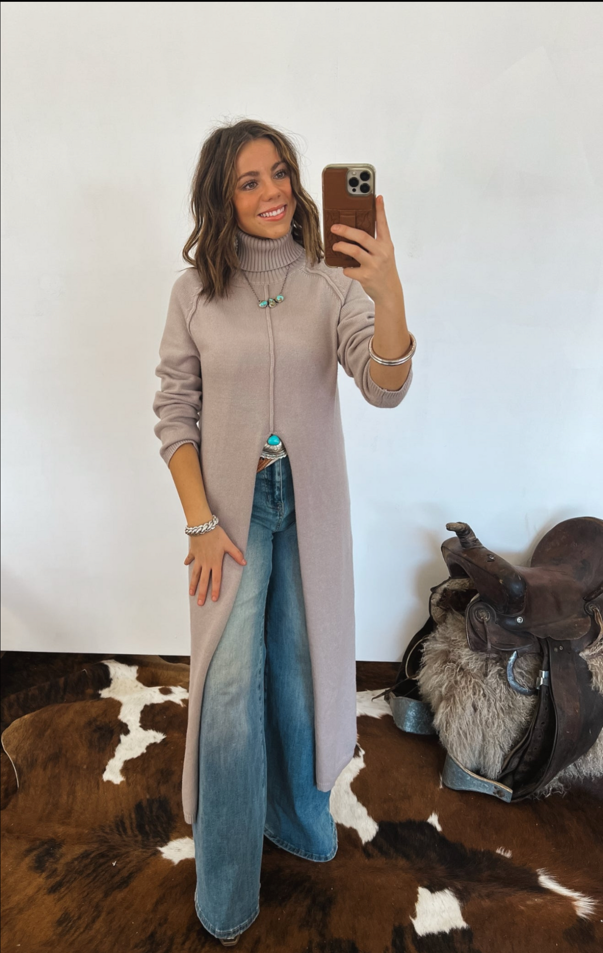 Turtle Neck Sweater Dress With Slit (Mushroom) Tops - Sweaters