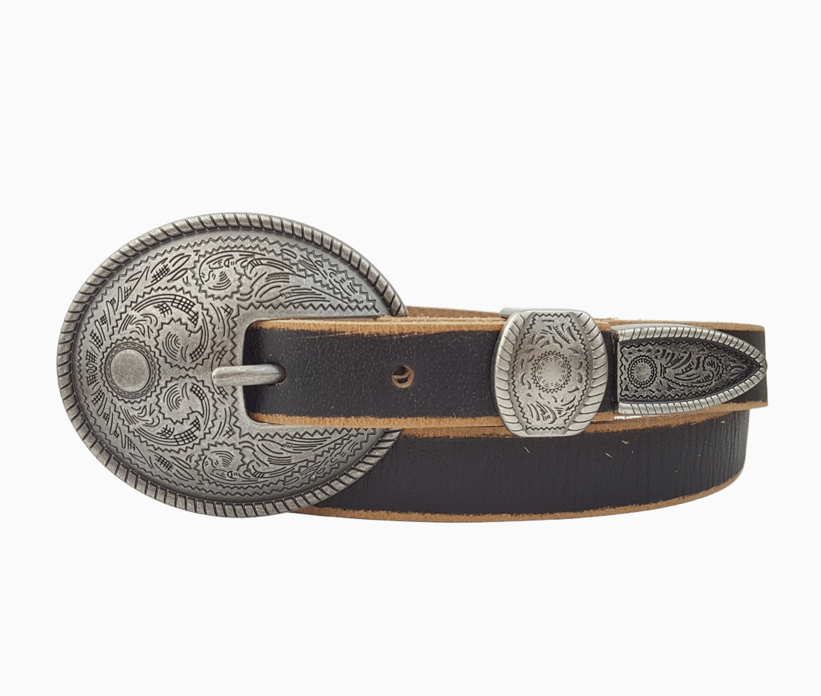 Oval Leather Vintage Belt (Black/Silver)