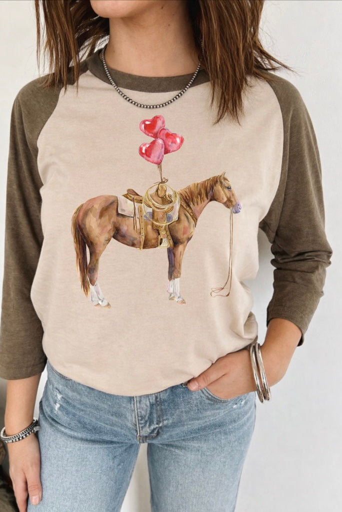 Balloon Horse Valentines Raglan Tee — Mocha/Cream