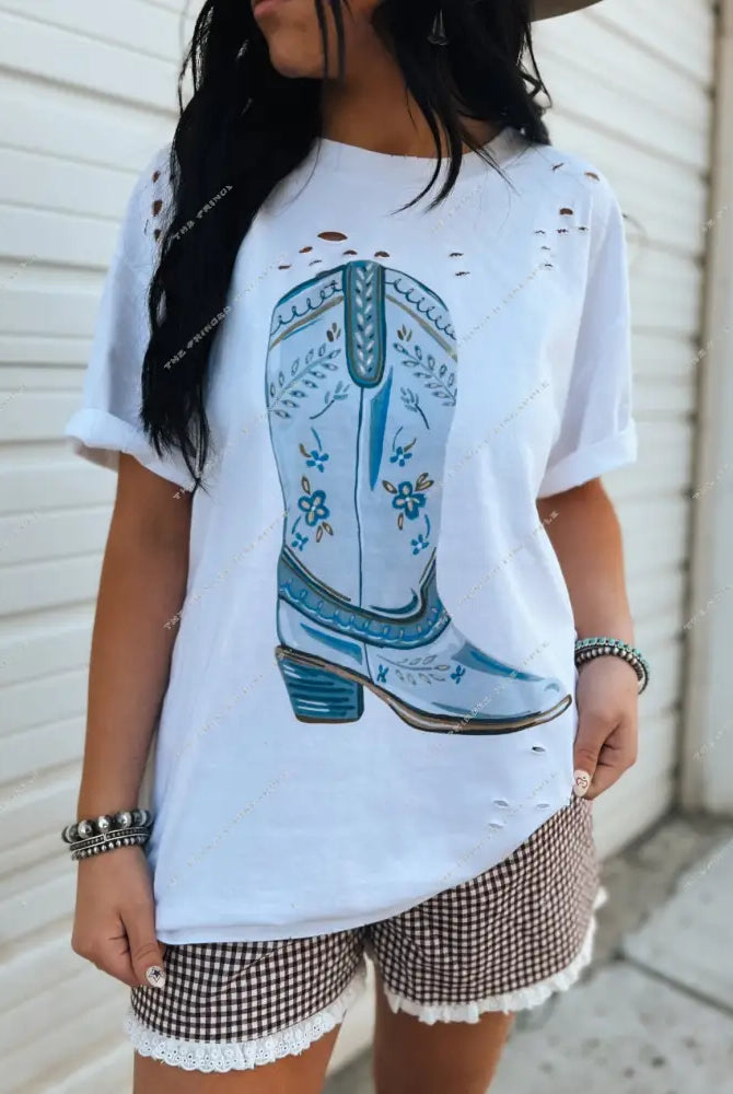 Blue Boot Distressed Tee