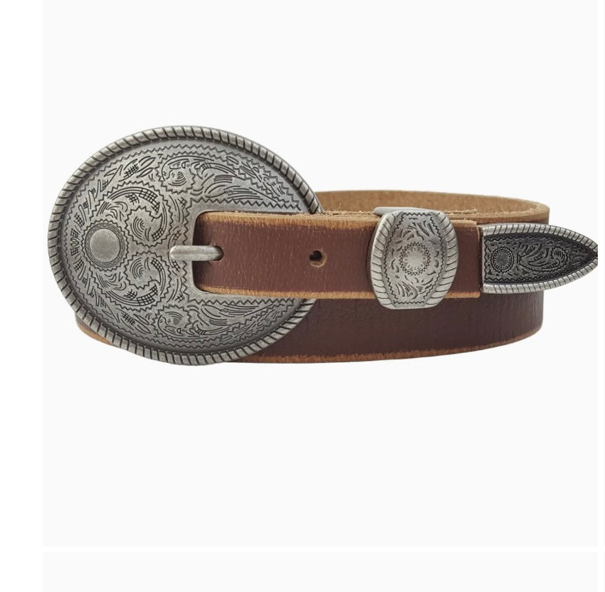 Oval Leather Vintage Belt (Brown/Silver)