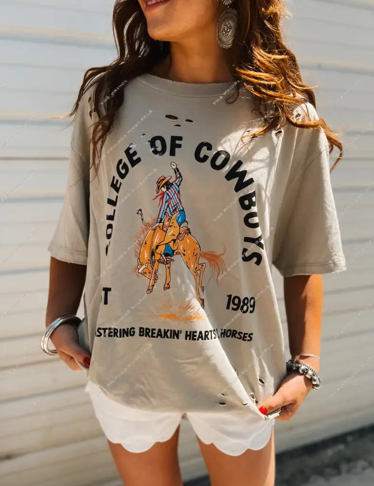 College of Cowboys Distressed Tee- Taupe