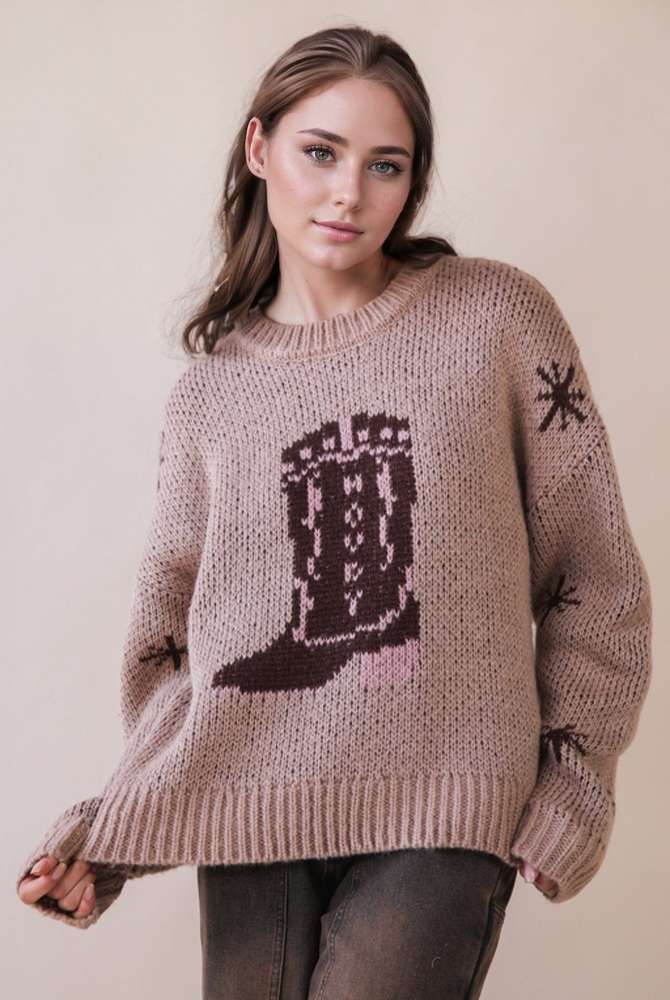 Boots On The Ground Sweater Dark Taupe Tops - Sweaters