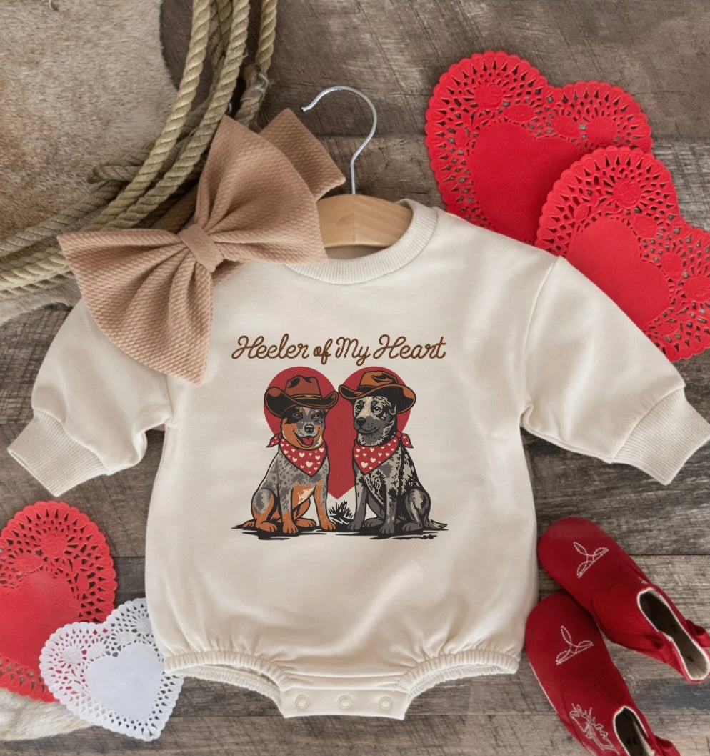 Heeler Of My Heart Valentines Bubble Romper (Infant)((Cream)