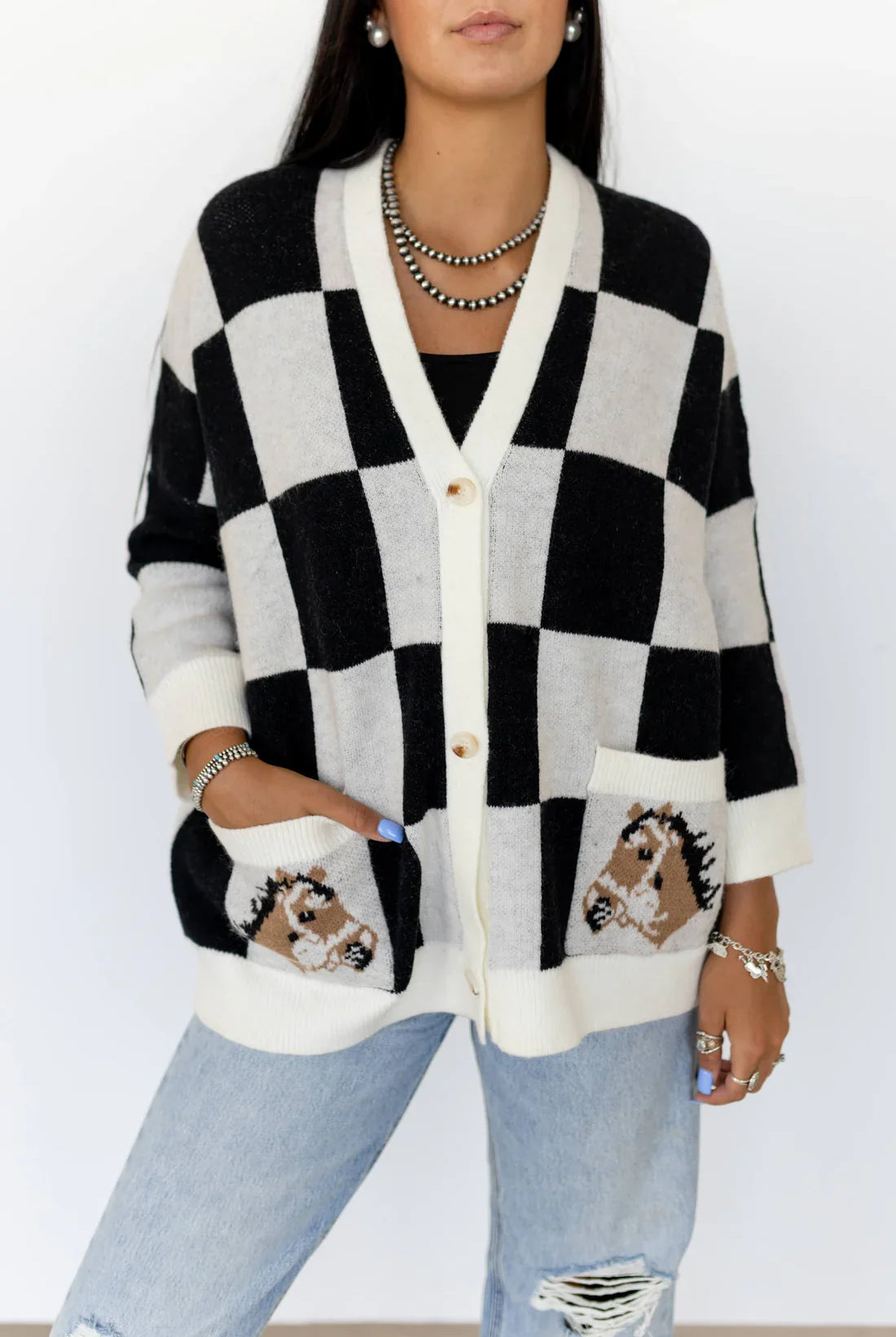 Horse Checker Cardigan Tops - Sweaters
