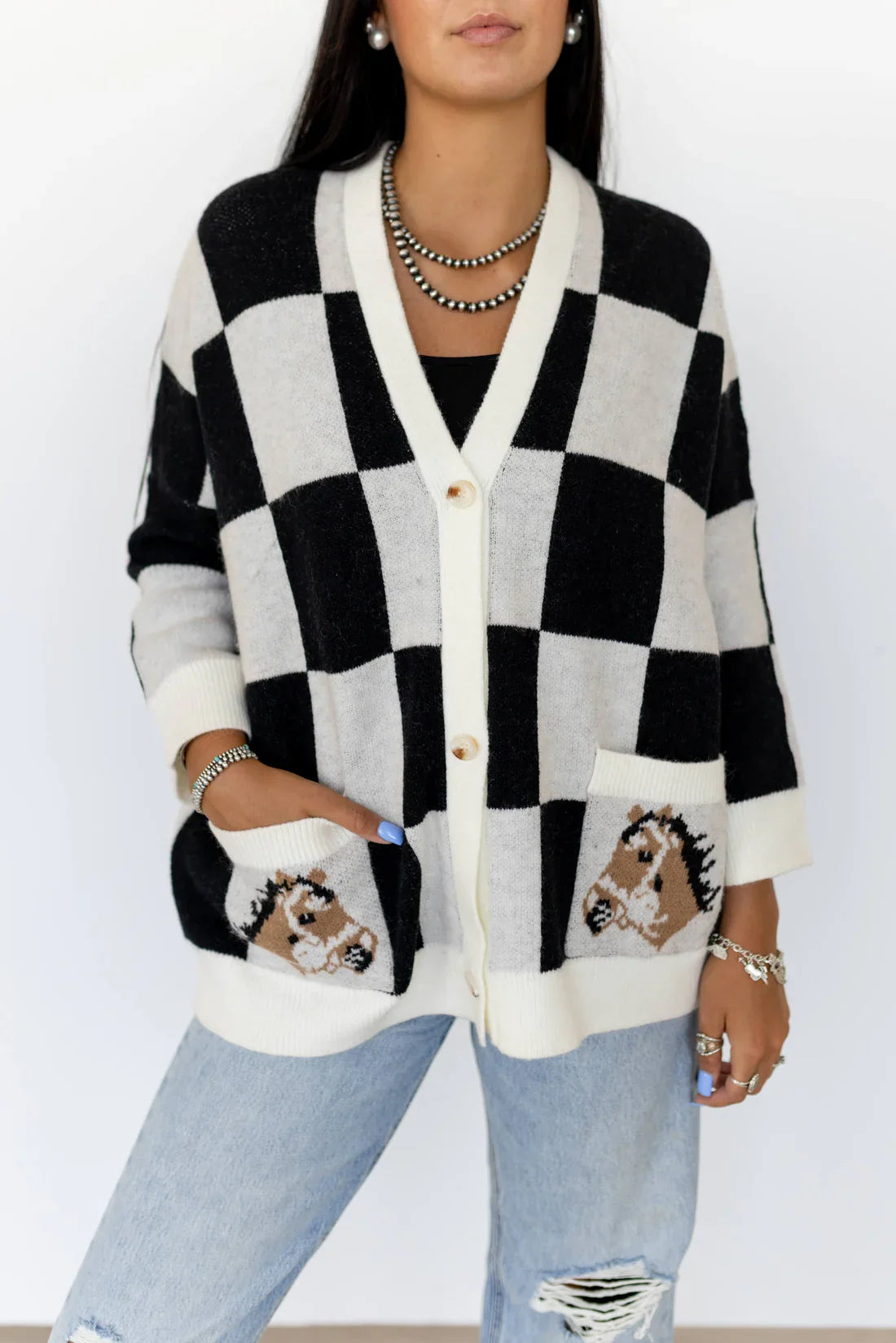 Horse Checker Cardigan Tops - Sweaters