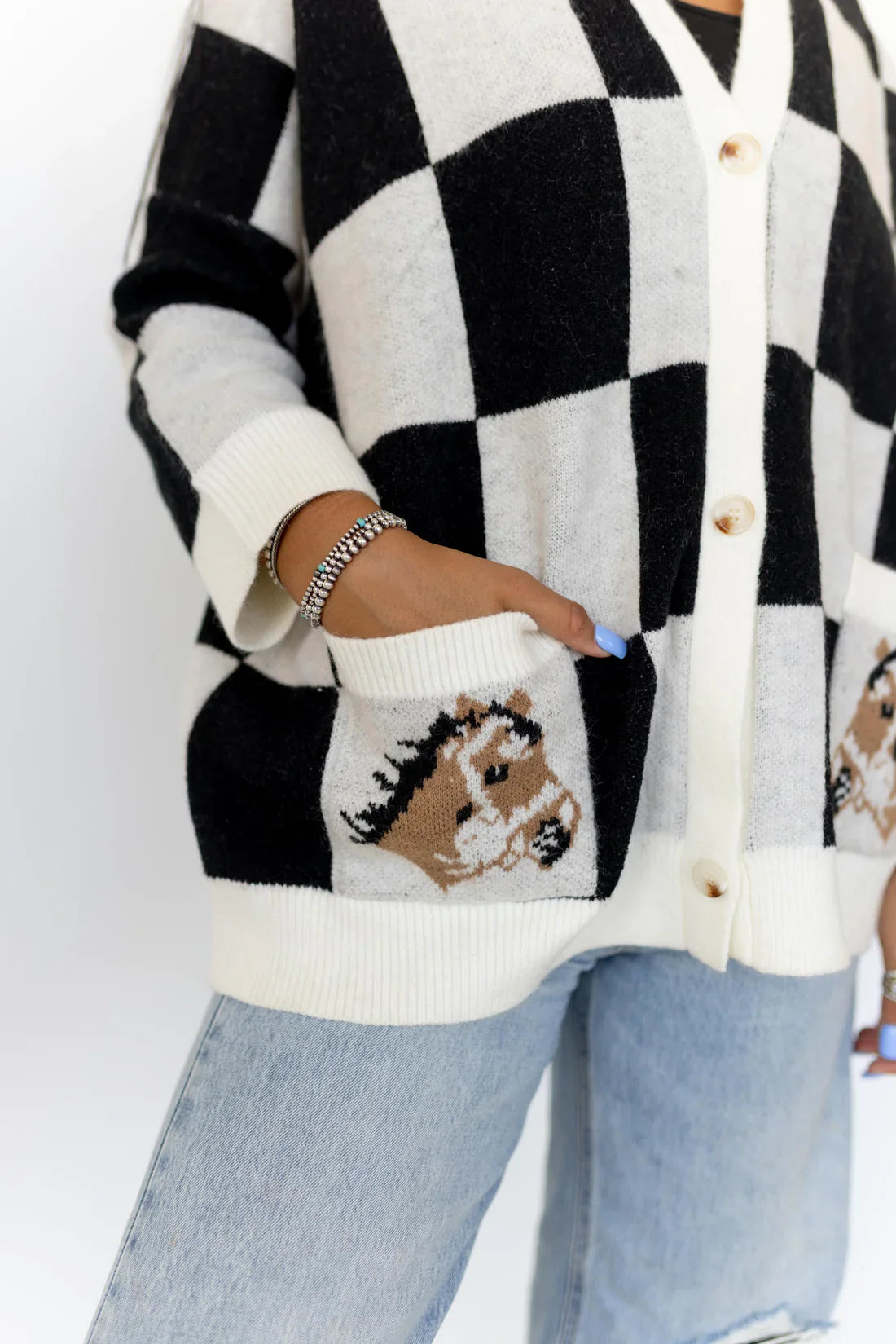 Horse Checker Cardigan Tops - Sweaters