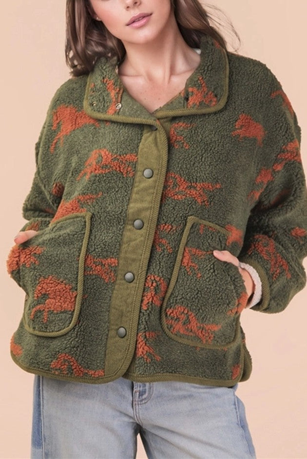 Wild Horse Sherpa Zip Up Jacket (Green) Tops - Outwear