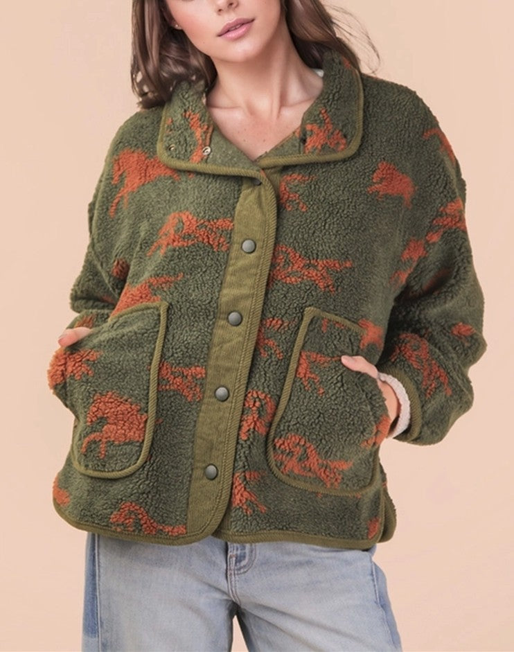 Wild Horse Sherpa Zip Up Jacket (Green) Tops - Outwear