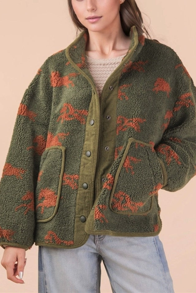 Wild Horse Sherpa Zip Up Jacket (Green) Tops - Outwear