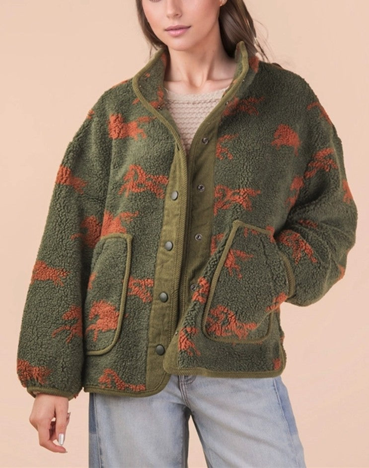 Wild Horse Sherpa Zip Up Jacket (Green) Tops - Outwear